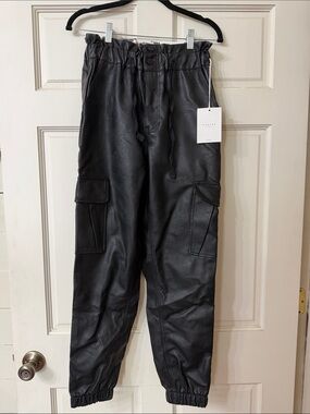 KanCan Black Faux Leather Cargo Joggers
